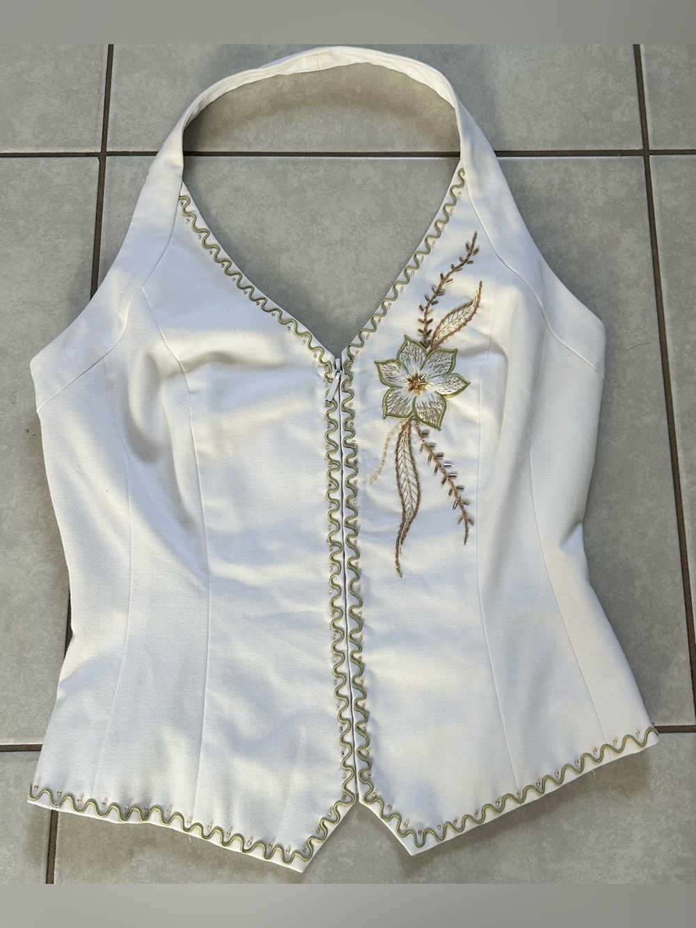 Cache White Halter Top with Green Embroidered Flower